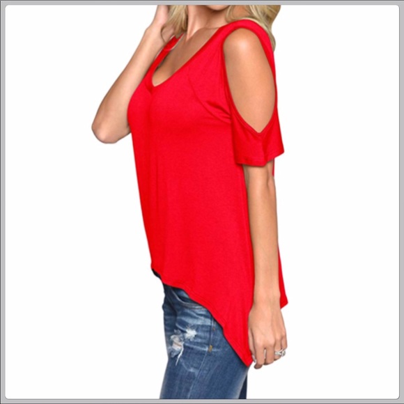 Soft Bright Red Cold Shoulder Tee size M 3XHP - Picture 6 of 7